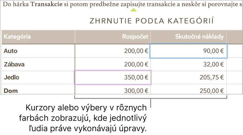 Kurzory a výbery v rôznych farbách zobrazujú, kde jednotliví užívatelia robia úpravy.