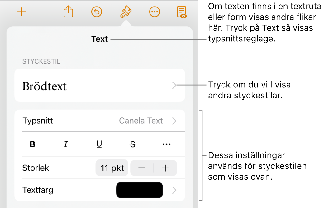 Menyn Format med textreglage för att ställa in stycke- och teckenstilar, typsnitt, storlek och färg.