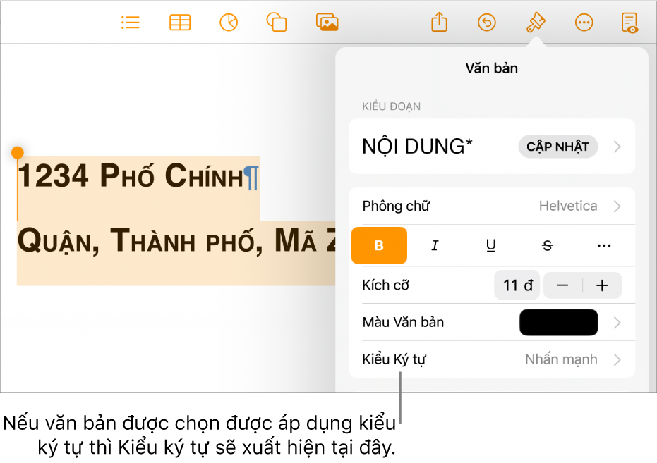 Các điều khiển định dạng Văn bản với Kiểu ký tự bên dưới các điều khiển Màu văn bản.