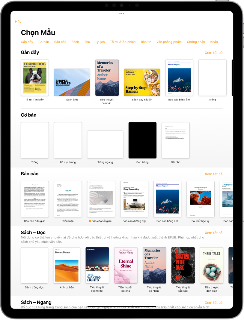 Bộ chọn mẫu, đang hiển thị một hàng các danh mục dọc trên cùng mà bạn có thể chạm để lọc các tùy chọn. Bên dưới là các hình thu nhỏ của các mẫu được thiết kế sẵn được sắp xếp theo các hàng theo danh mục, bắt đầu với Gần đây ở trên cùng và theo sau là Cở bản và Báo cáo. Nút Xem tất cả sẽ xuất hiện phía trên và ở bên phải của từng hàng danh mục.