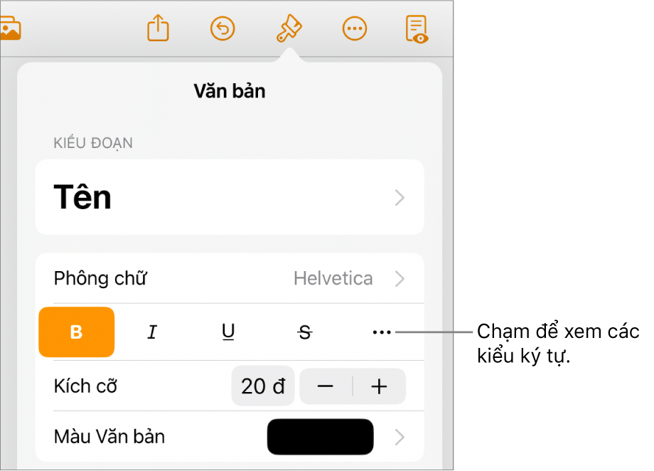 Các điều khiển Định dạng với các kiểu đoạn ở trên cùng, sau đó là các điều khiển Phông chữ. Bên dưới Phông chữ là các nút In đậm, In nghiêng, Gạch chân, Gạch xuyên và Tùy chọn văn bản khác.