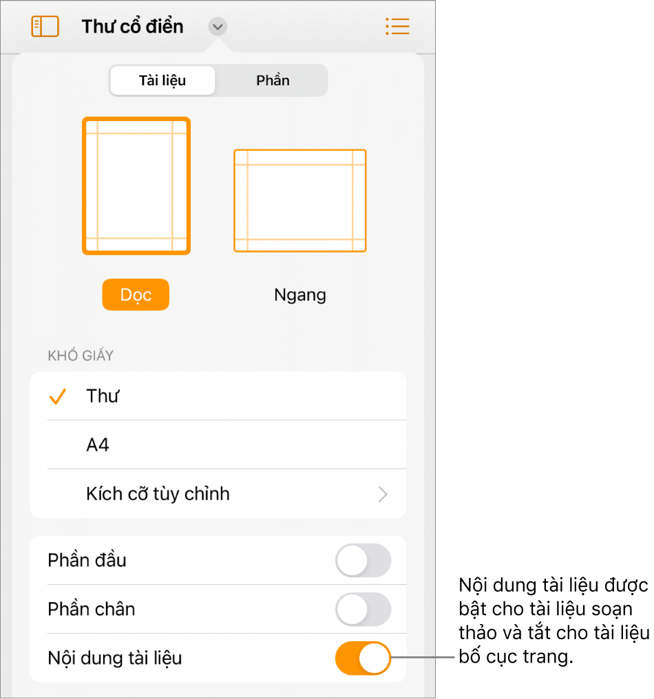 Các điều khiển định dạng Tài liệu với Nội dung tài liệu được bật gần cuối màn hình.