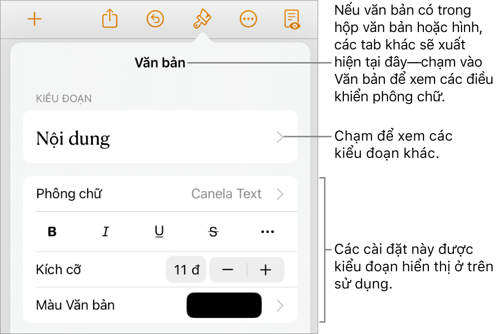 Menu Định dạng đang hiển thị các điều khiển văn bản để đặt kiểu, phông chữ, kích cỡ và màu của đoạn và ký tự.