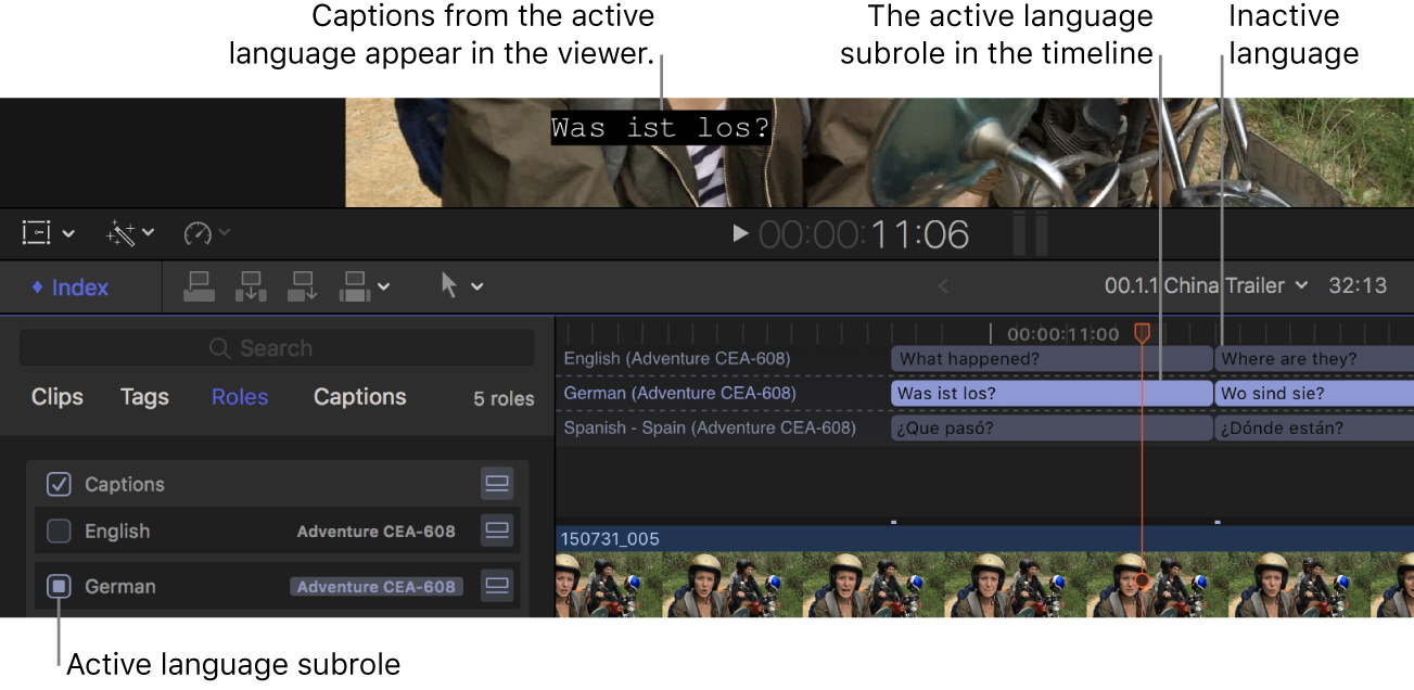 Ein deutscher Untertitel im Viewer, die im Timeline-Index ausgewählte Sprachsubrolle für Deutsch und die in der Timeline hervorgehobenen Untertitelclips für Deutsch