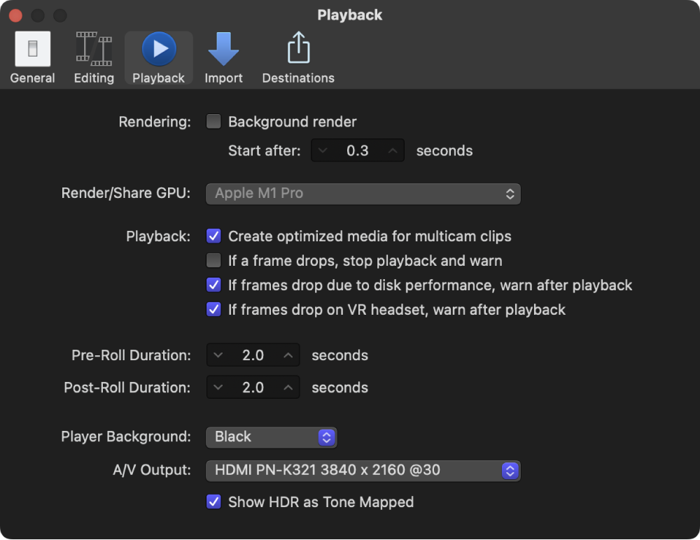 The Playback pane of the Final Cut Pro Settings window