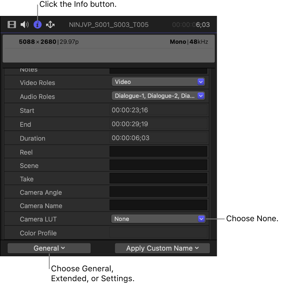 The Info inspector showing the General metadata view, with Camera LUT set to None