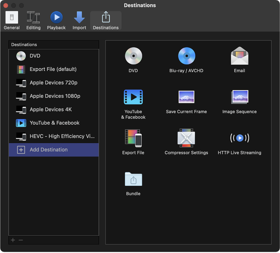 The Destinations pane of the Final Cut Pro Settings window