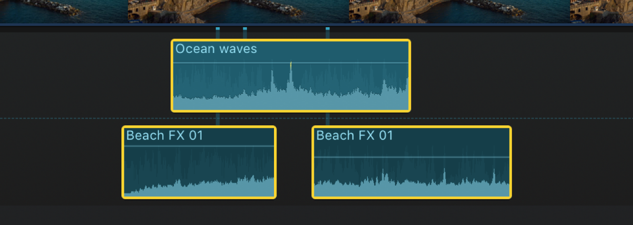 Audio clips selected in the timeline