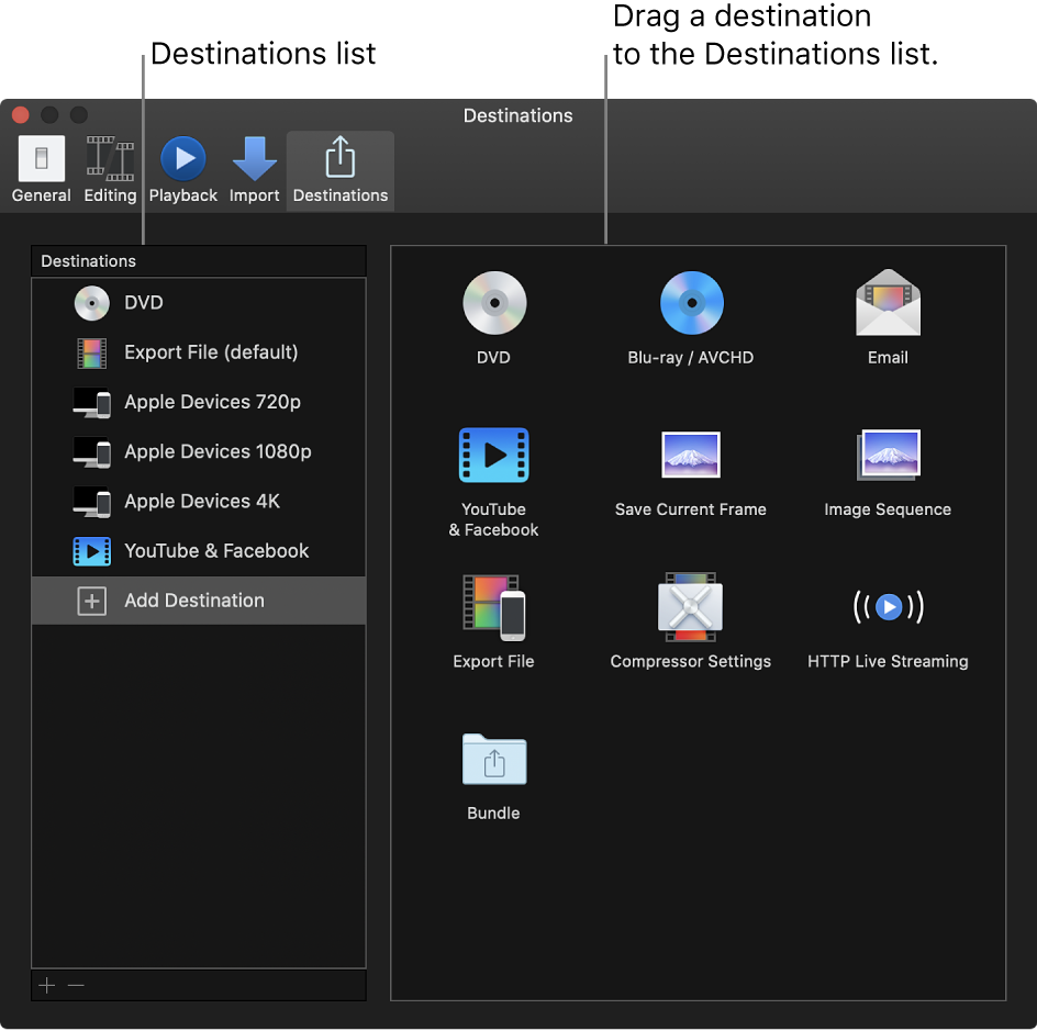 The Destinations pane of the Final Cut Pro Settings window showing Add Destination selected in the list on the left