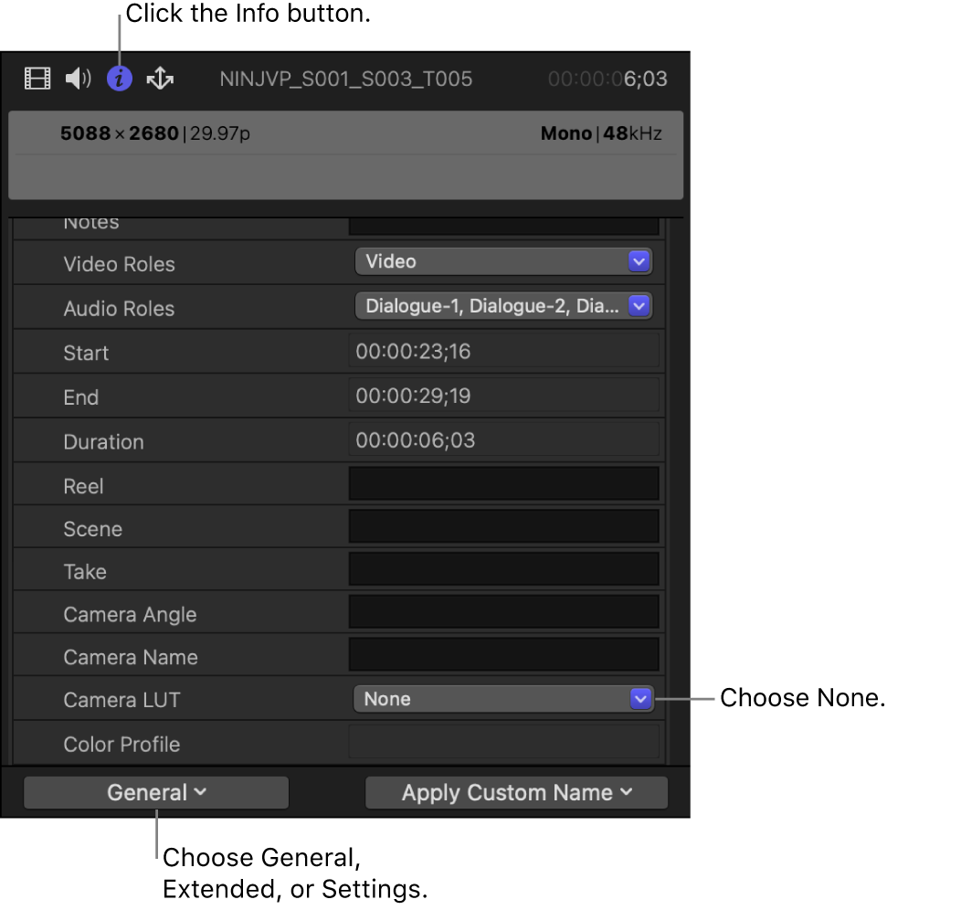 The Info inspector in the General metadata view, with Camera LUT set to None