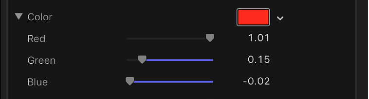 The expanded color controls showing sliders for the Red, Green, and Blue color channels