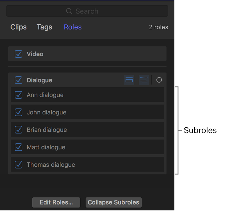 The timeline index showing a list of subroles below the Dialogue role