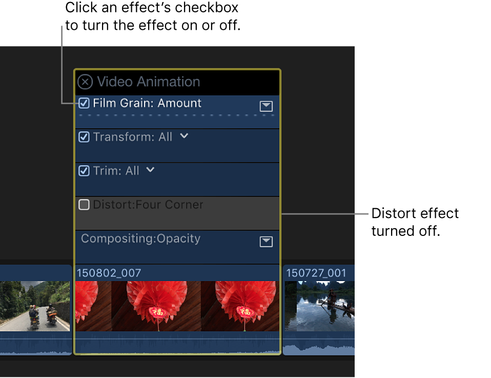 El editor de animación de vídeo con opciones para activar y desactivar los efectos