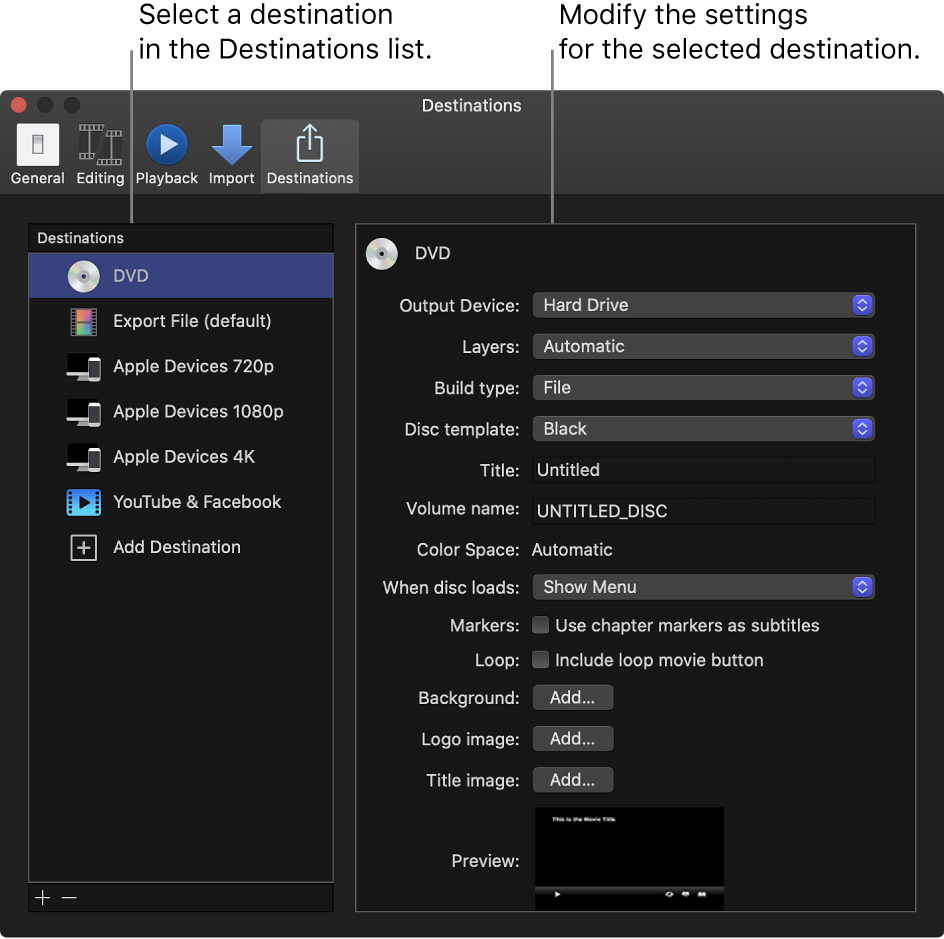 El panel Destinos de la ventana Ajustes de Final Cut Pro con el destino de DVD seleccionado en la lista de la izquierda