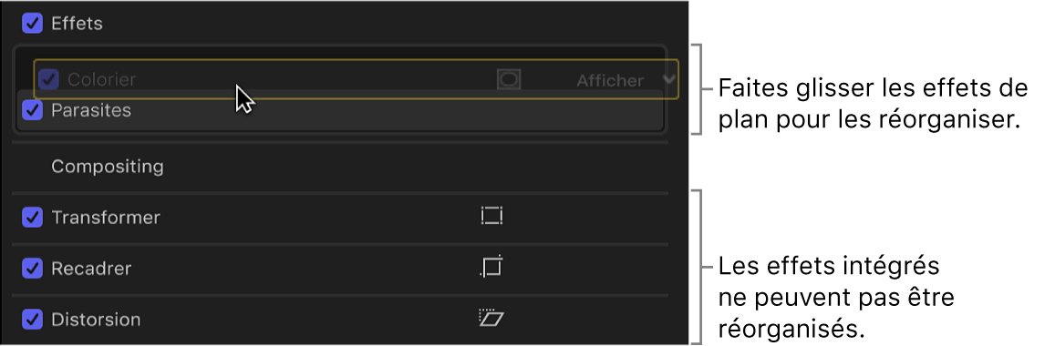 Glissement d’un effet dans l’inspecteur vidéo