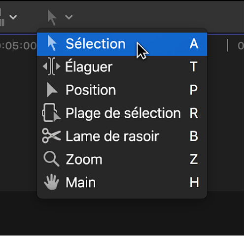 Outil Sélection dans le menu local Outils