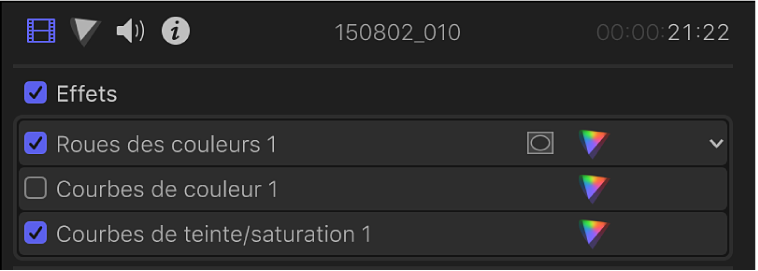 Effets d’étalonnage dans la section Effets de l’inspecteur vidéo, avec les cases de gauche pour l’activation ou la désactivation des étalonnages