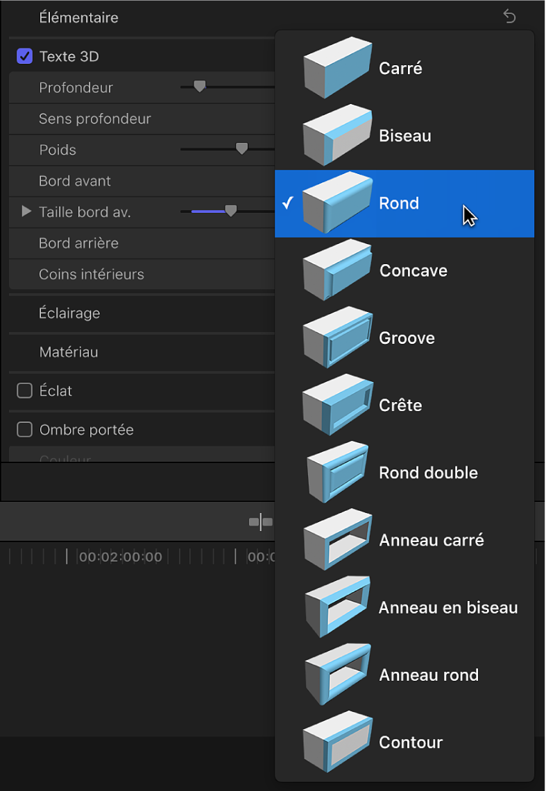 Menu local Bord avant de la section Texte 3D de l’inspecteur de texte, avec option Rond sélectionnée