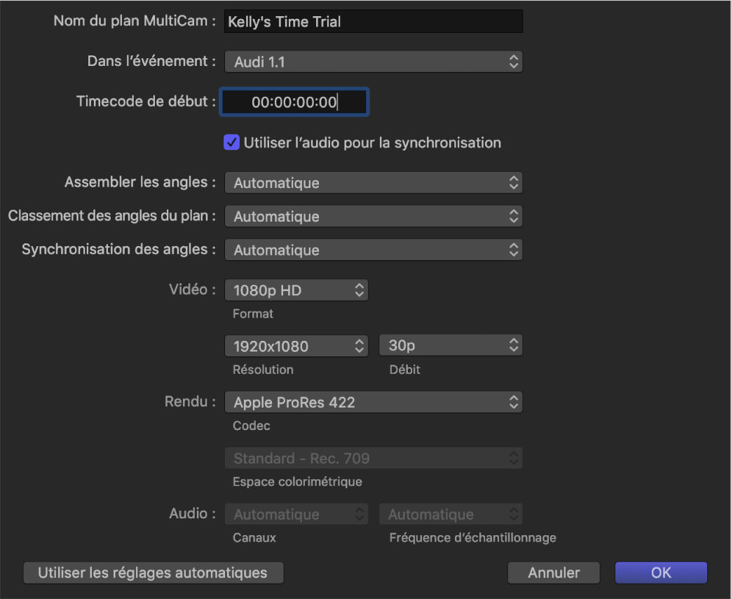 Réglages multicam personnalisés