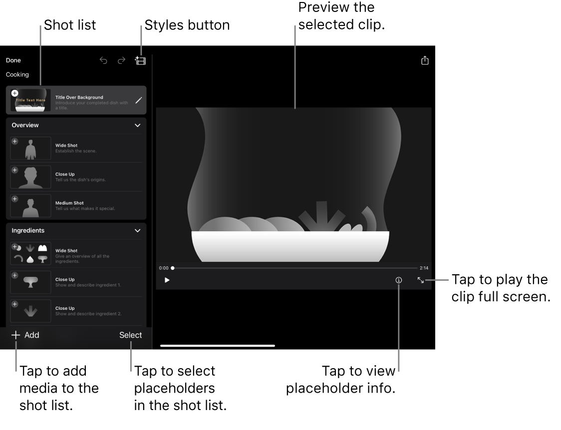 An open Storyboard project, with the selected placeholder clip appearing in the viewer and the shot list below.