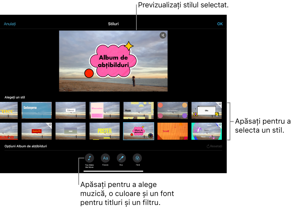 Vizualizatorul afișând o previzualizare a stilului selectat, cu opțiunile pentru stil mai jos. Butoanele pentru adăugarea muzicii, selectarea unei culori și a unui font pentru titluri și adăugarea unui filtru se află în partea de jos a ecranului.