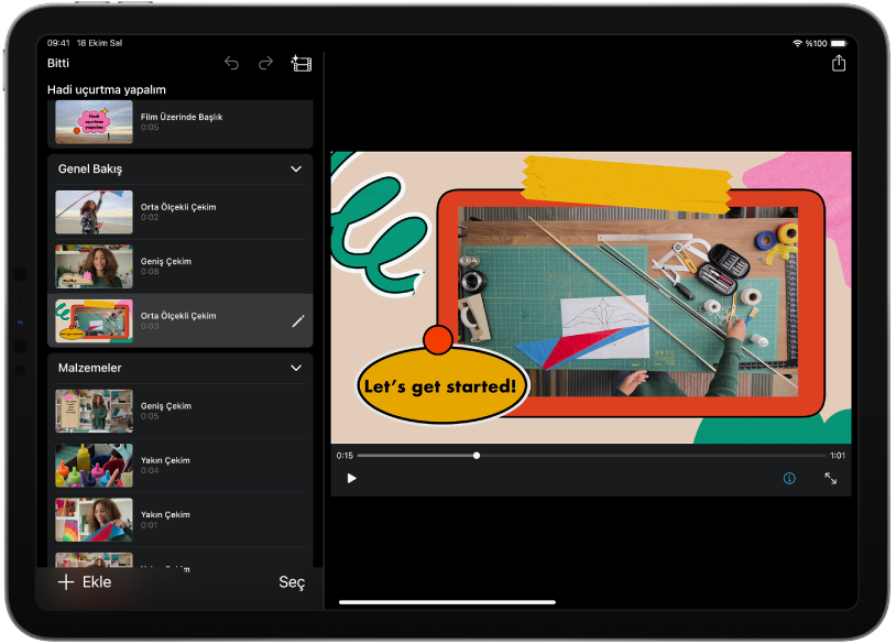 iPad’deki iMovie’de bir resimli taslak projesi.
