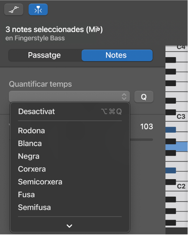 Selecció d’un valor al menú desplegable “Quantificador de temps” de l’inspector de l’editor de teclat.