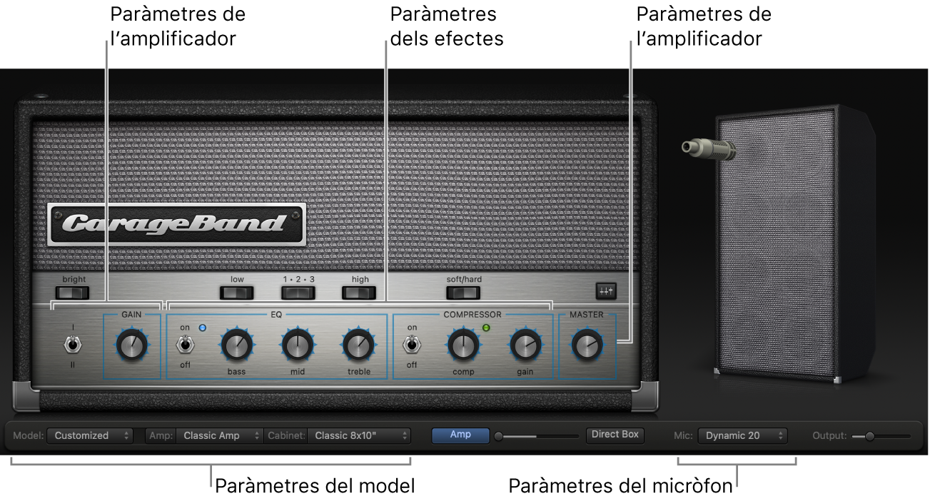 Finestra de Bass Amp Designer, mostrant diverses àrees de control.