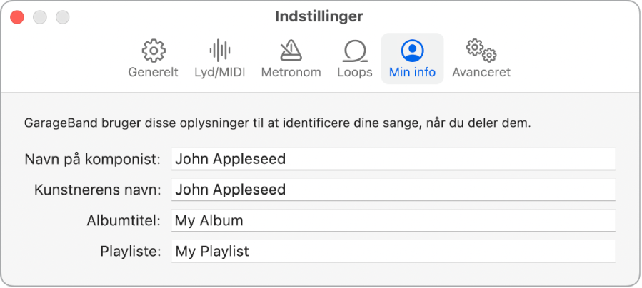 Vinduet med indstillinger til Min info.