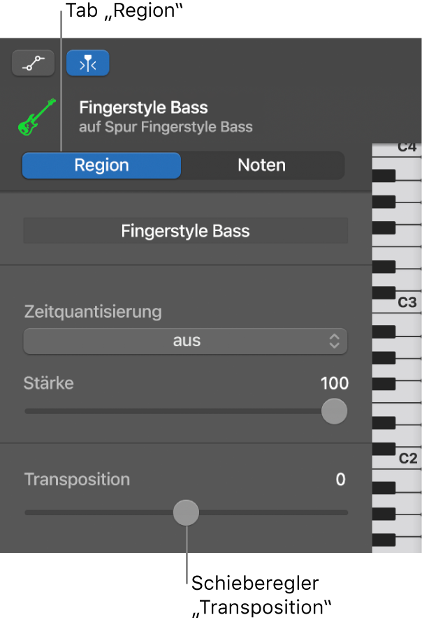 Informationsfenster des Pianorolleneditors mit der Taste „Region“ und dem Transpositionsregler