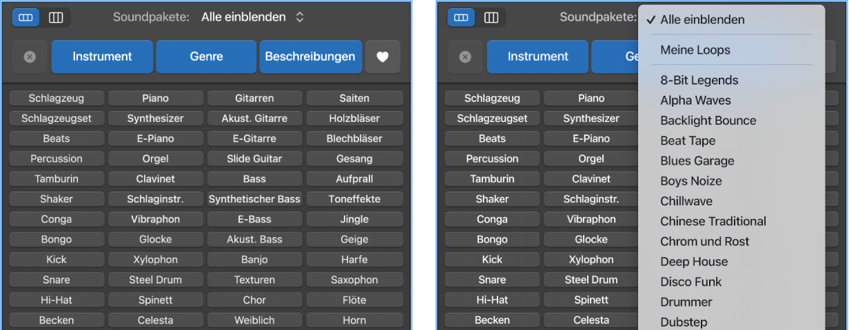 Geöffnetes Einblendmenü „Loops“