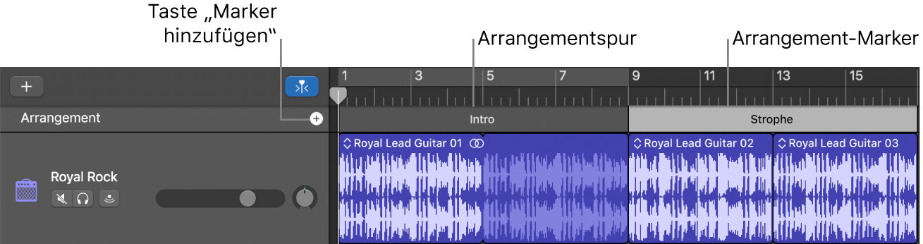 Arrangierspur mit Taste „Marker hinzufügen“ und Arrangierregion