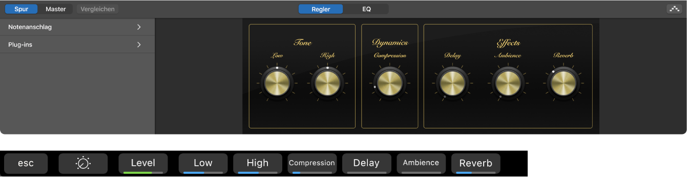 Abbildung. Smart Controls für eine Spur mit Software-Instrument und dynamische Kurzbefehle im Bildschirm „Smart Controls“