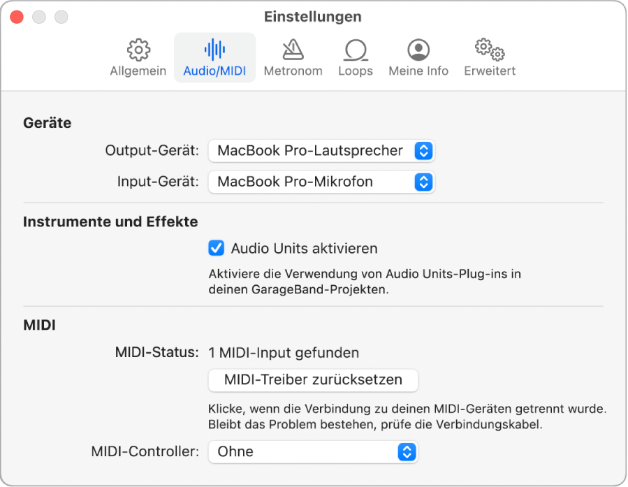 Einstellungen „Audio/MIDI“.