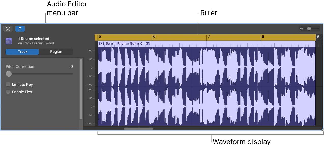 Audio Editor with region selected.