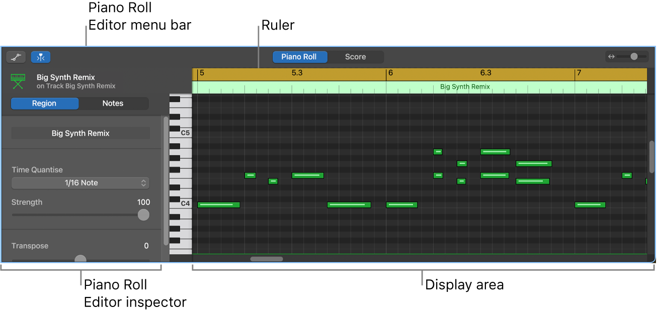 Piano Roll Editor, pointing out MIDI note event.