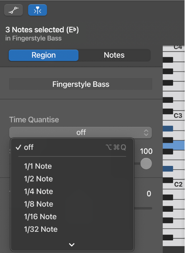 Choosing a value from the Time Quantise pop-up menu in the Piano Roll Editor inspector.