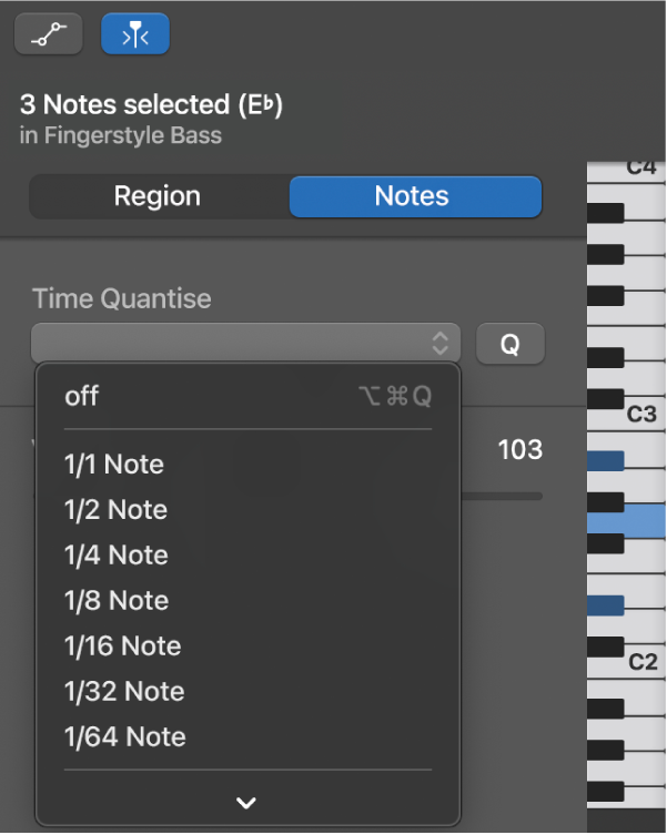 Choosing a value from the Time Quantise pop-up menu in the Piano Roll Editor inspector.