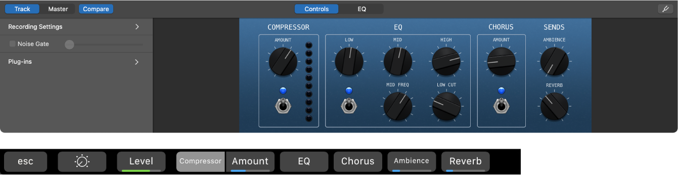 Figure. Acoustic guitar track Smart Controls and dynamic Smart Controls screen shortcuts.