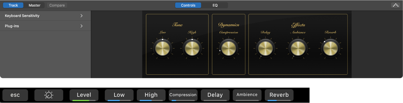 Figure. Software instrument track Smart Controls and dynamic Smart Controls screen shortcuts.