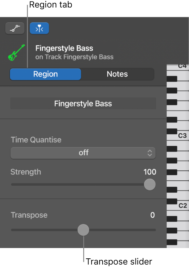 Piano Roll Editor inspector, showing Region button and Transpose slider.