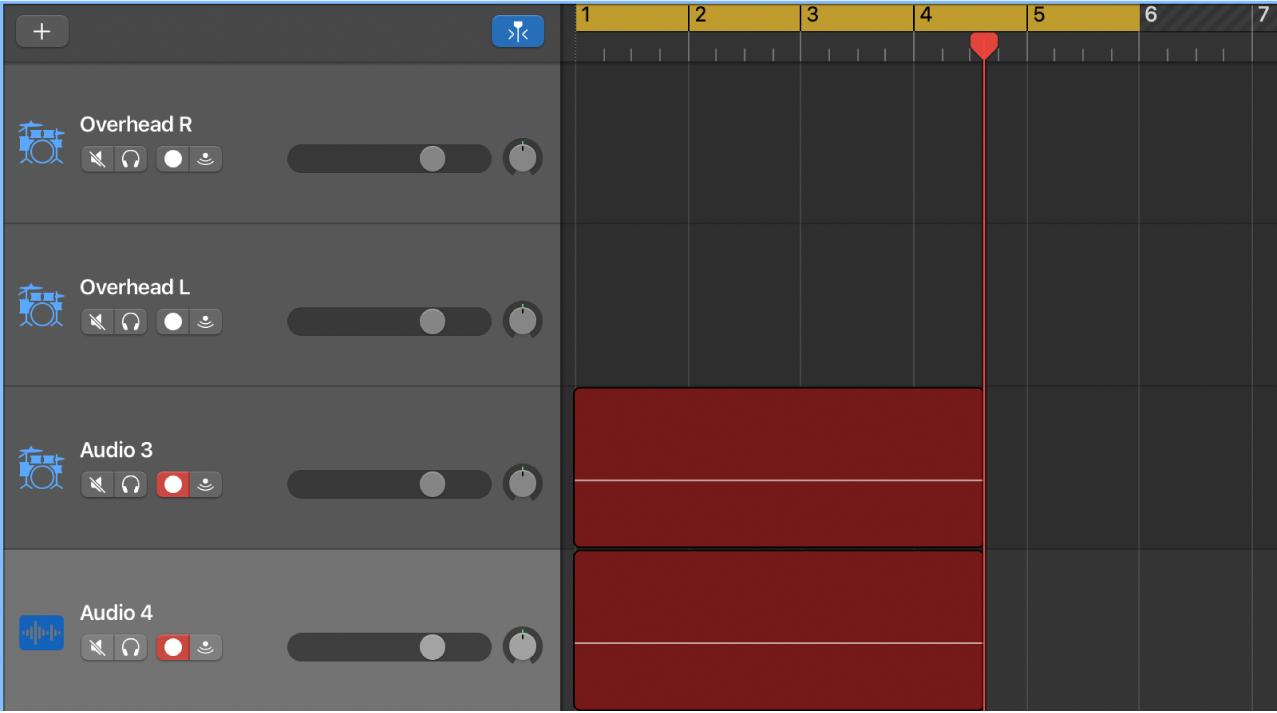 Showing recorded audio regions on two audio tracks in the Tracks area.