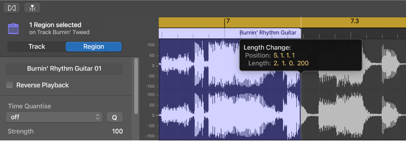 Trimming a region in the Audio Editor, showing the Trim pointer and Help tag.