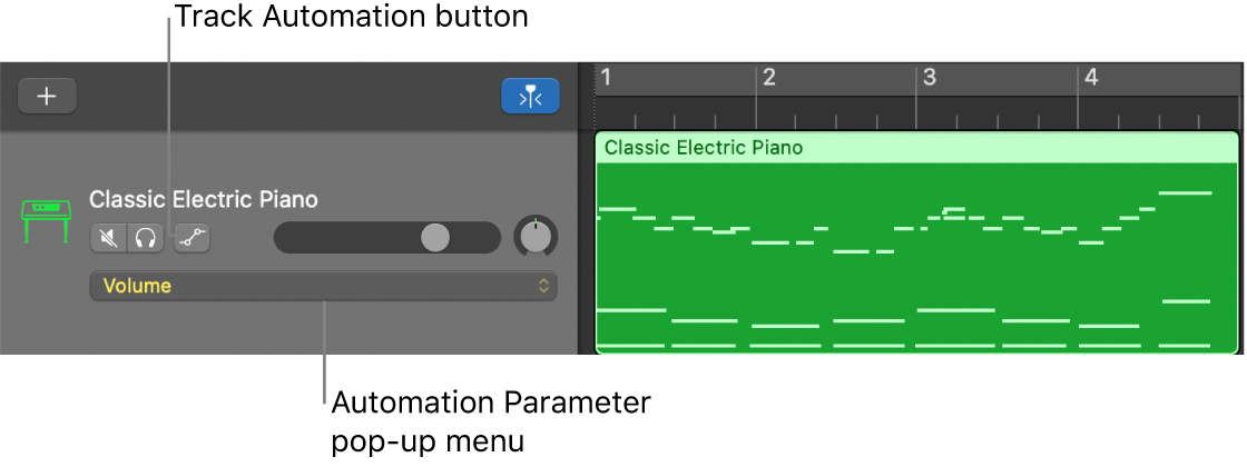 Showing the Track Automation button and the Automation Parameter pop-up menu in a track header.