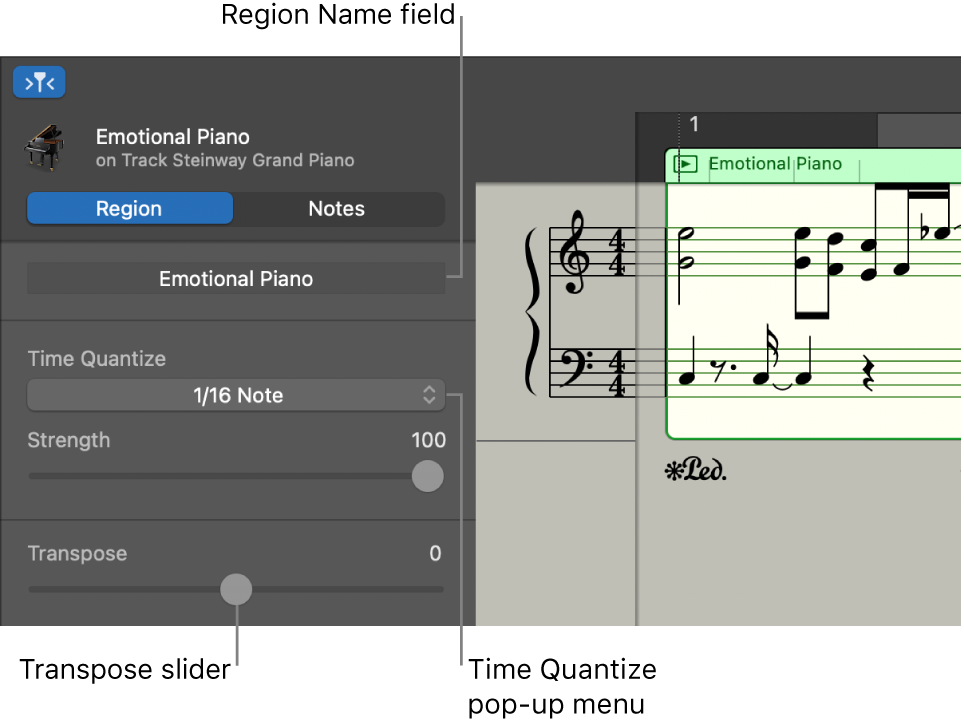 Score Editor inspector in Region mode, showing controls.