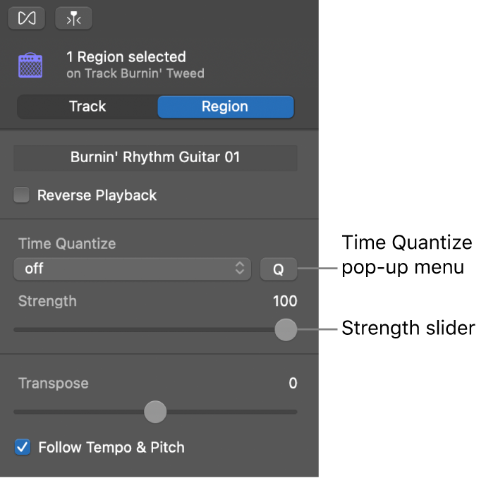 Audio Editor inspector, showing Time Quantize pop-up menu and Strength slider.