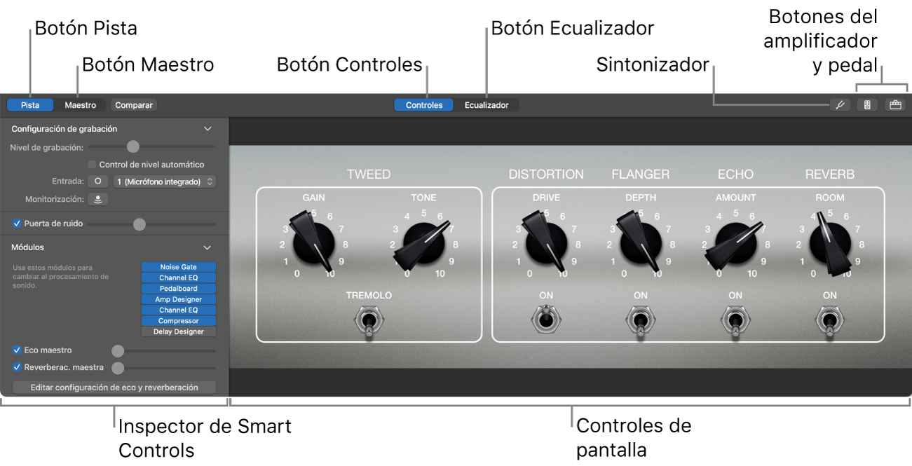 Panel Smart Controls con los controles de pantalla y el inspector.