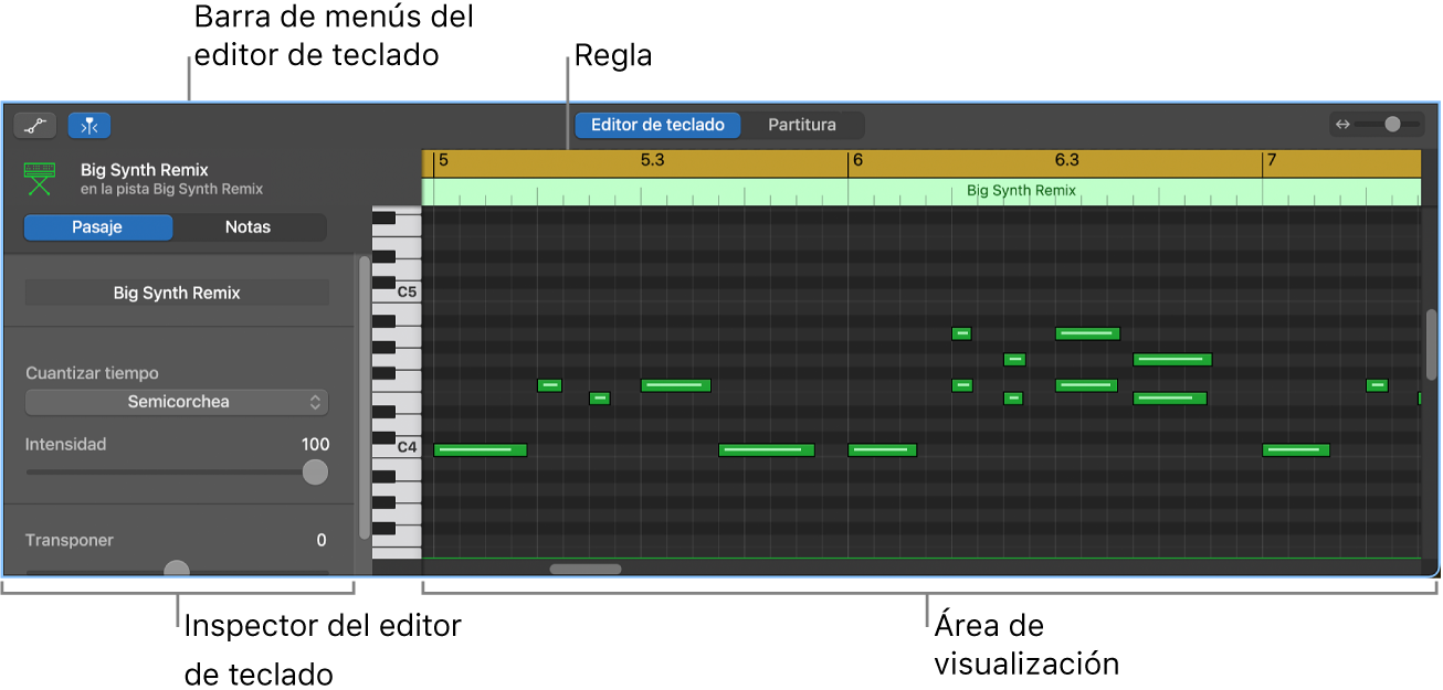 Editor de teclado, donde se señala un evento de nota MIDI.