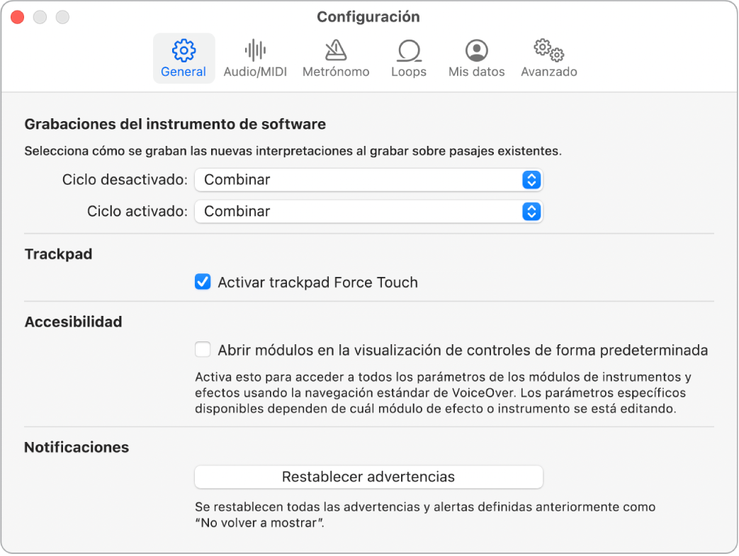 Panel de configuración General