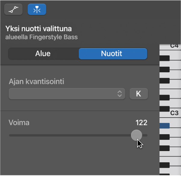 Nuottien voiman muokkaaminen Pianorullaeditorissa.